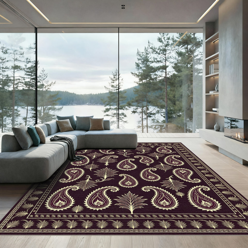 Rich Burgundy Paisley Blossom Border Rug