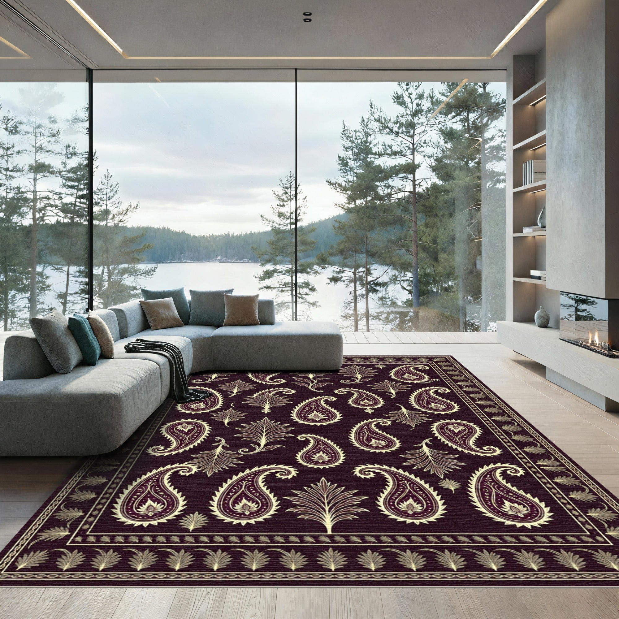 Rich Burgundy Paisley Blossom Border Rug