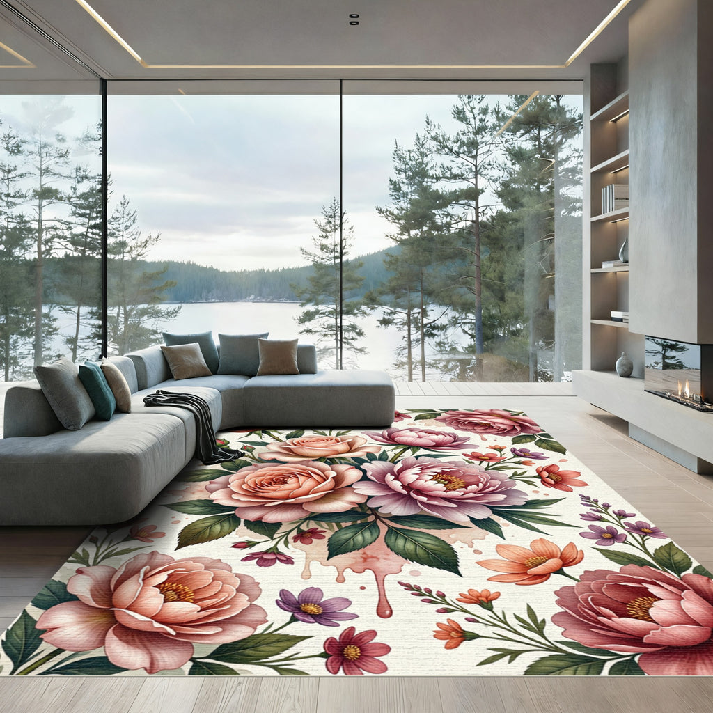 Soft Pink Peony and Rose Bouquet Rug