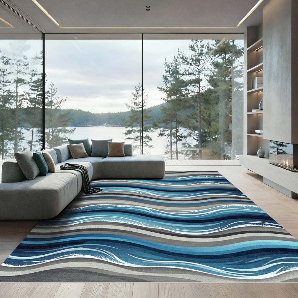 Abstract Blue Wave Rippled Ocean Rug