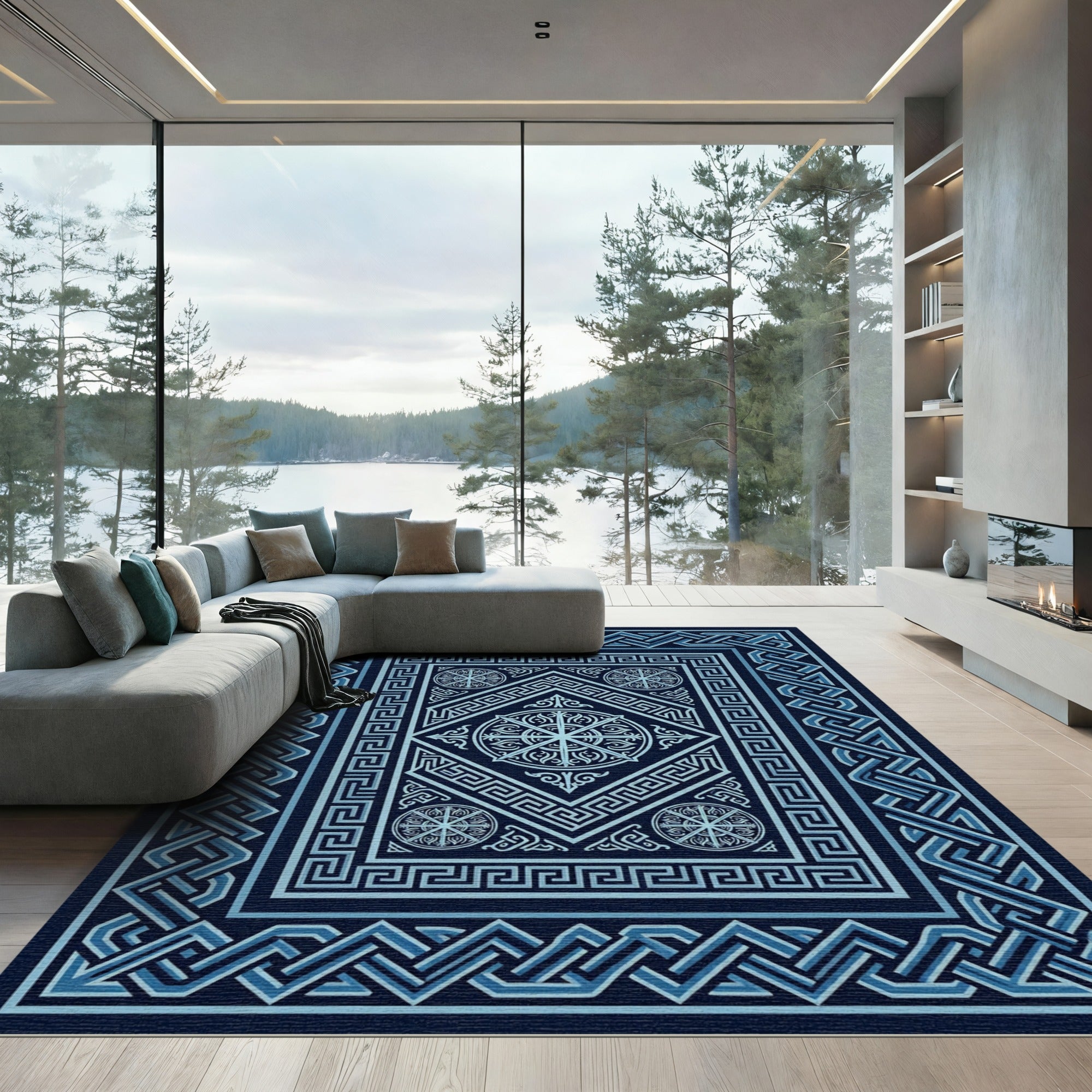 Geometric Navy Blue Interlocking Medallion Floor Covering Rug