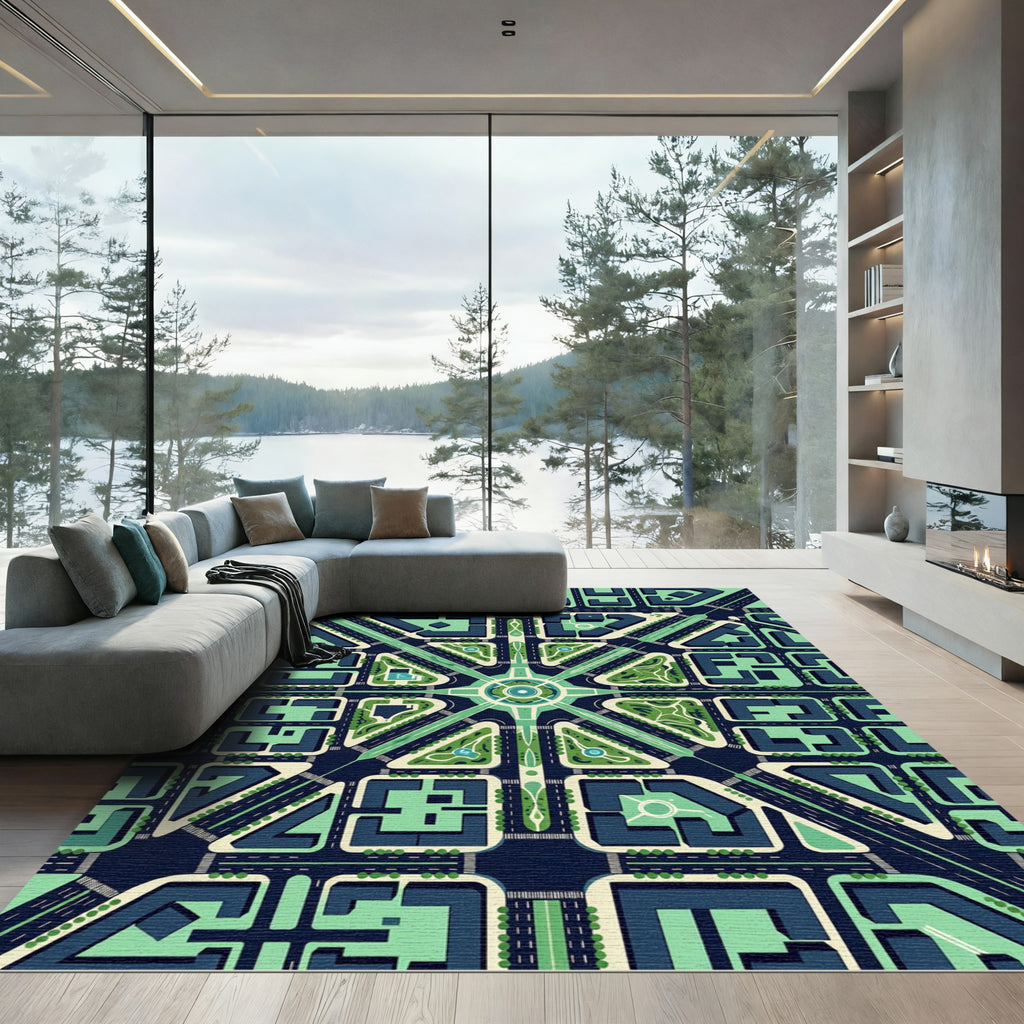 Modern Geometric Midnight Teal Urban Grid Rug