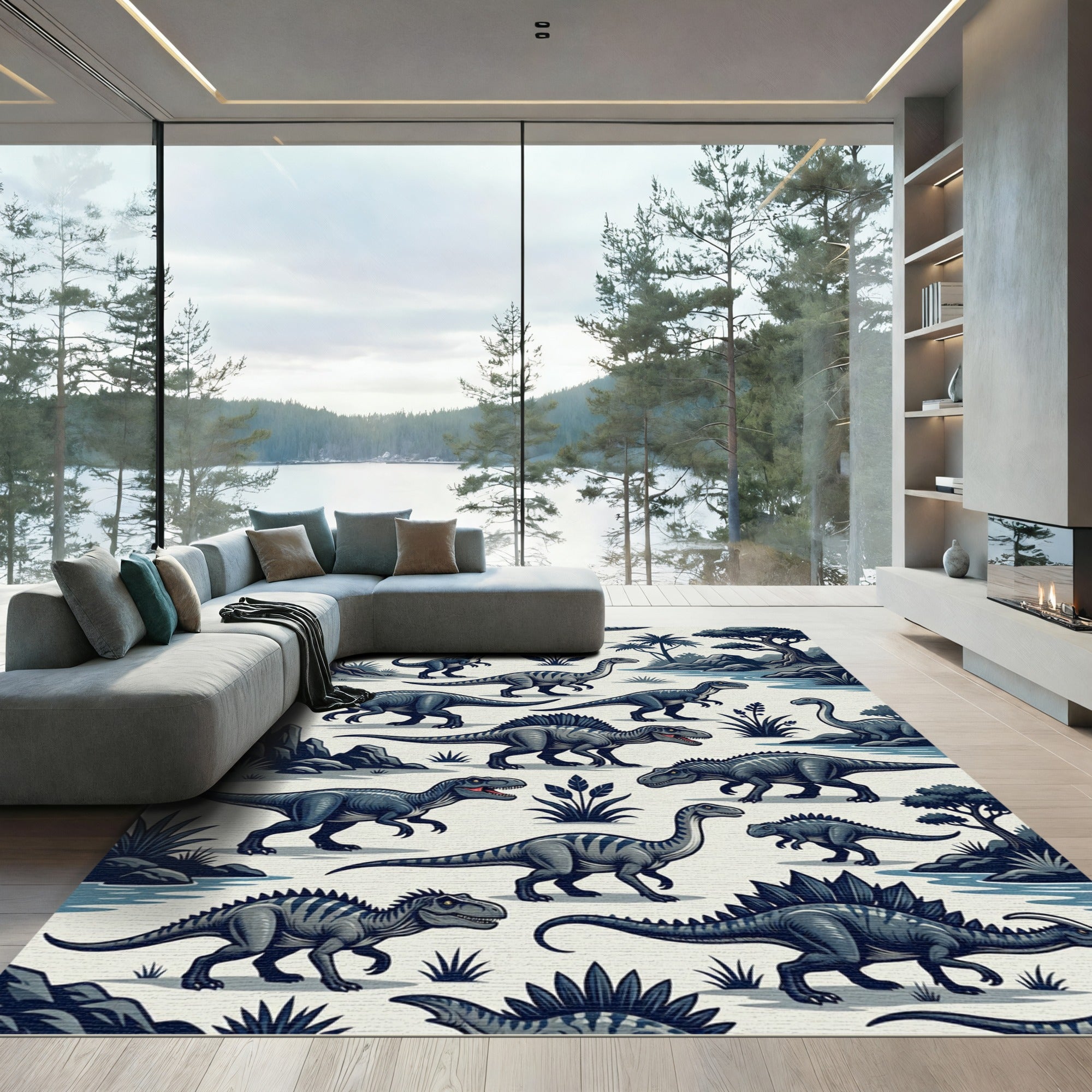 Jungle Dinosaur Landscape Slate Grey Rug