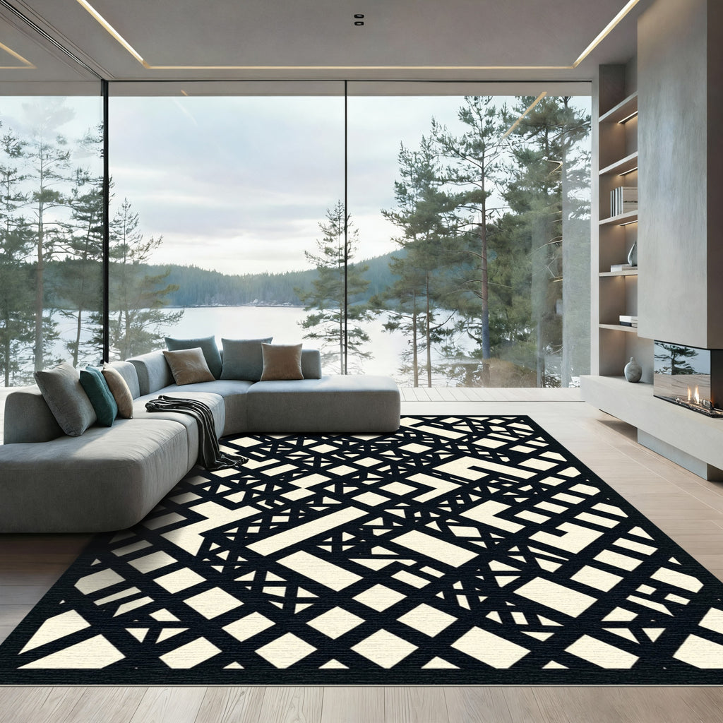 Monochrome Abstract Angular Geometric Grid Rug