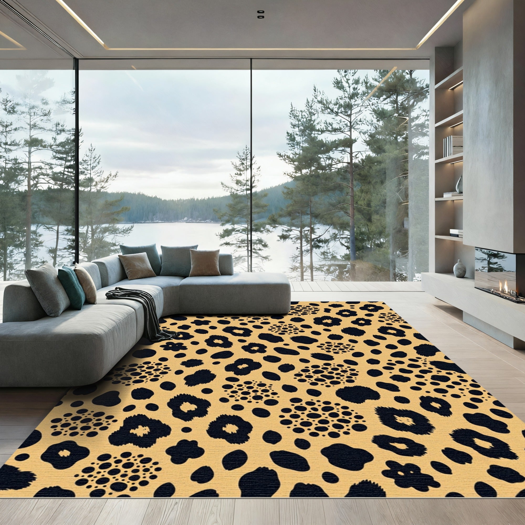 Modern Golden Black Leopard Animal Spotting Rug