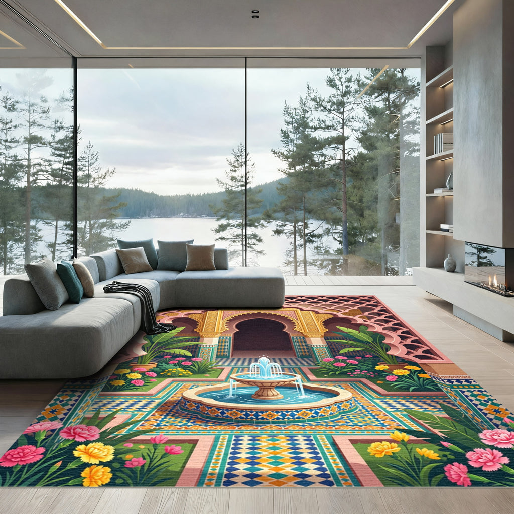 Vibrant Mediterranean Floral Fountain Arch Rug