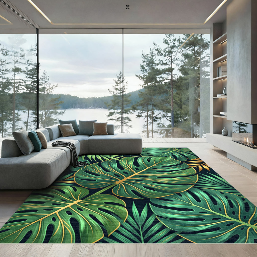 Lush Tropical Green Gold Leaf Rug