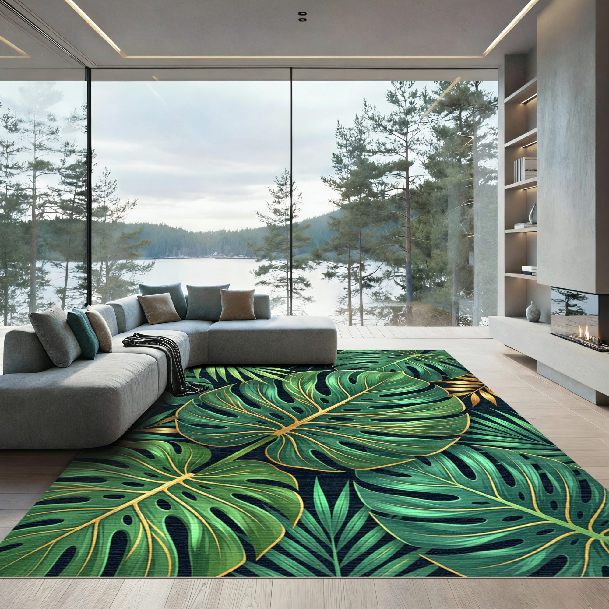 Lush Tropical Green Gold Leaf Rug