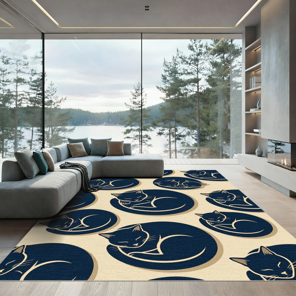 Minimalist Sleeping Midnight Blue Cat Rug