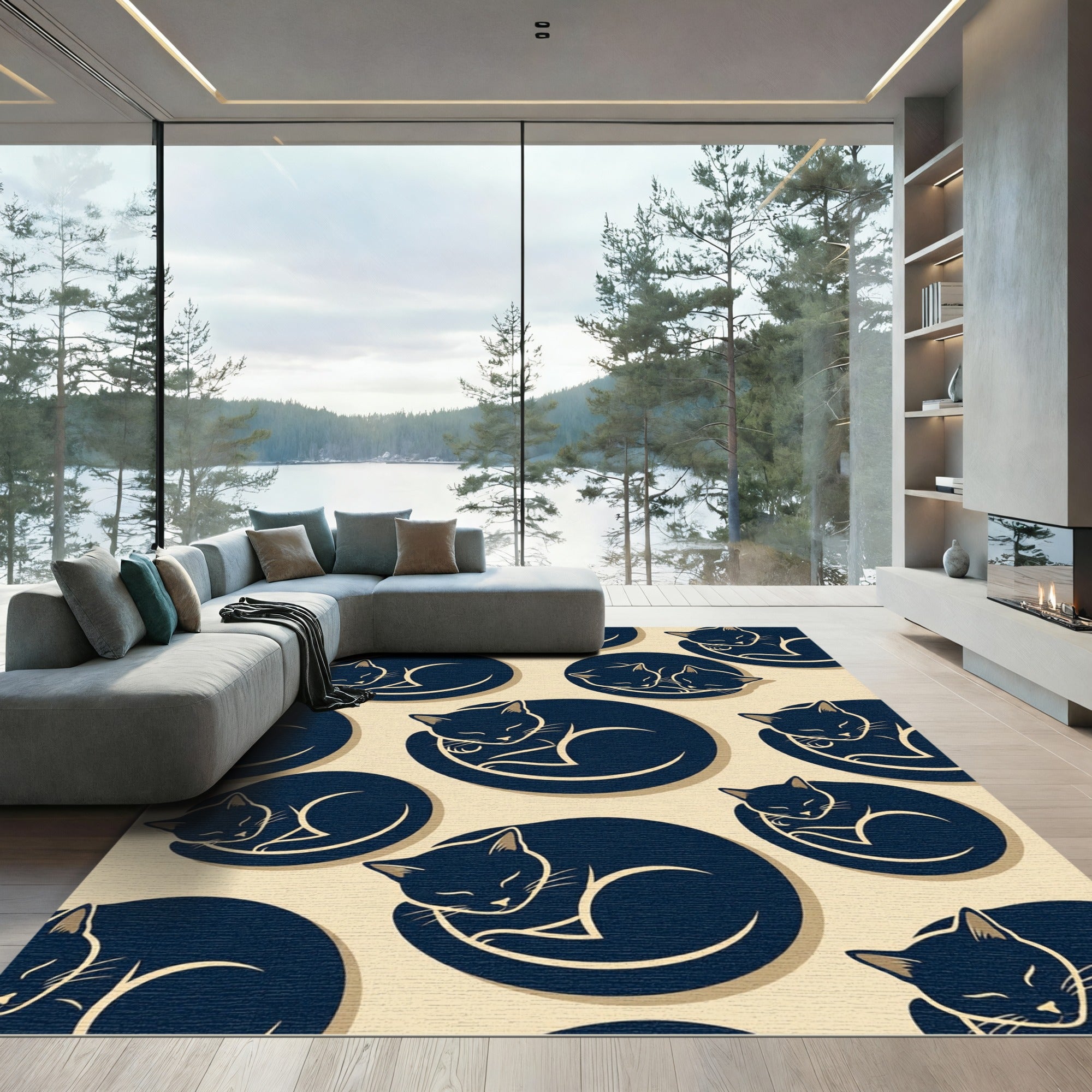 Minimalist Sleeping Midnight Blue Cat Rug