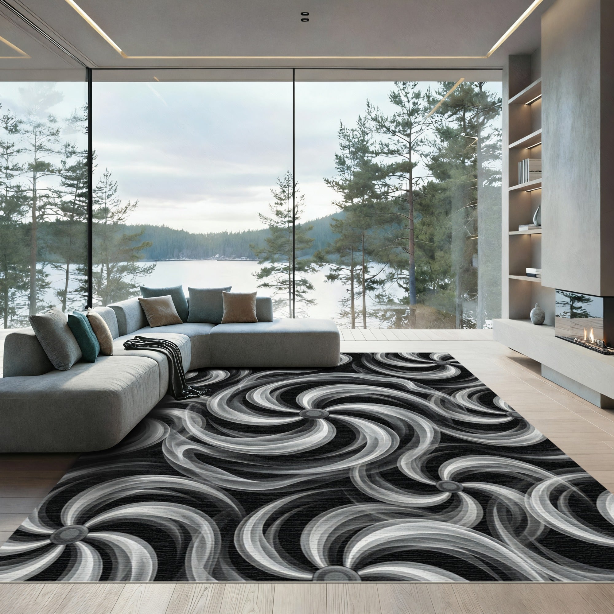 Monochrome Swirling Smoke Cloud Rug