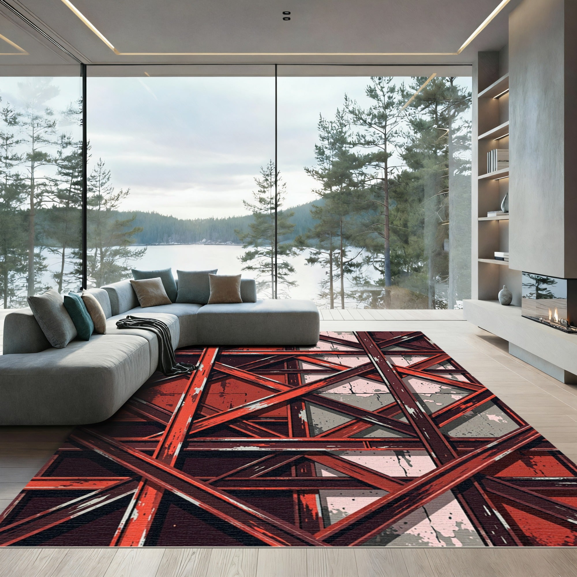 Crimson Industrial Scaffolding Abstraction Rug