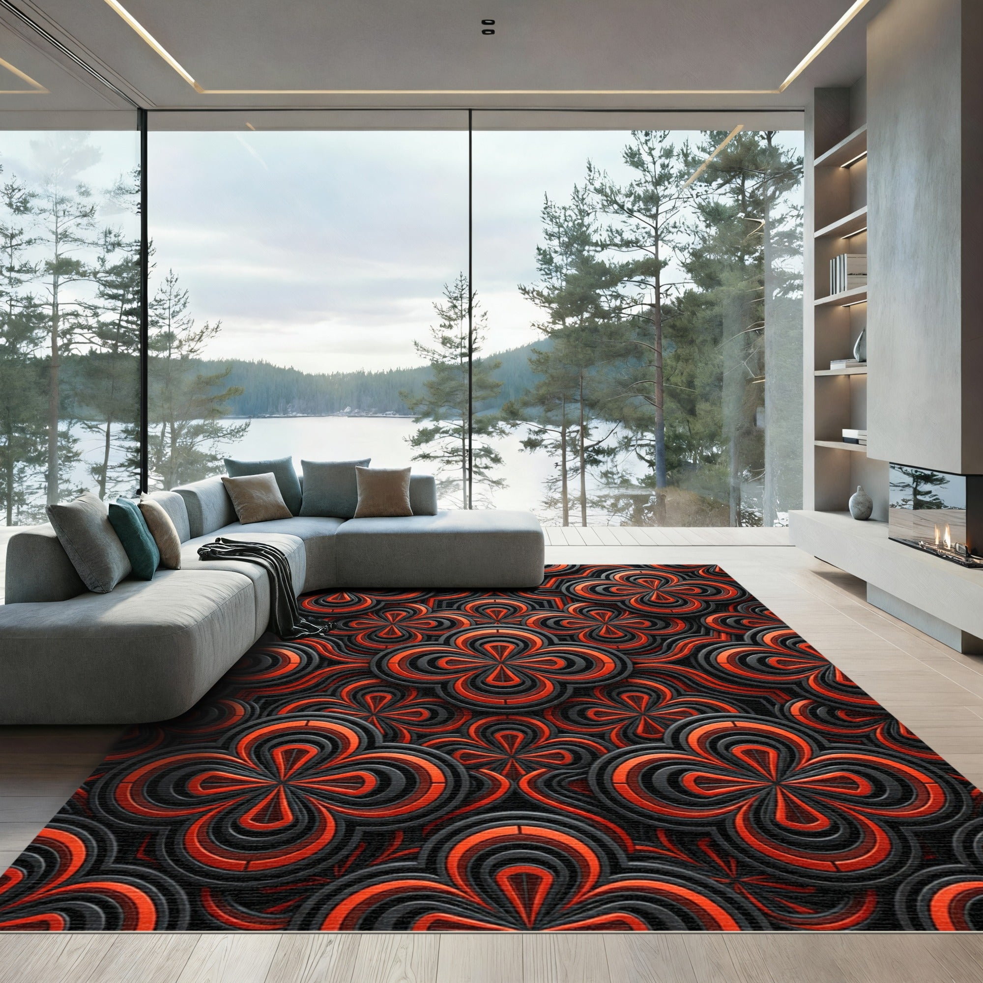 Modern Crimson Black Interlocking Floral Rug