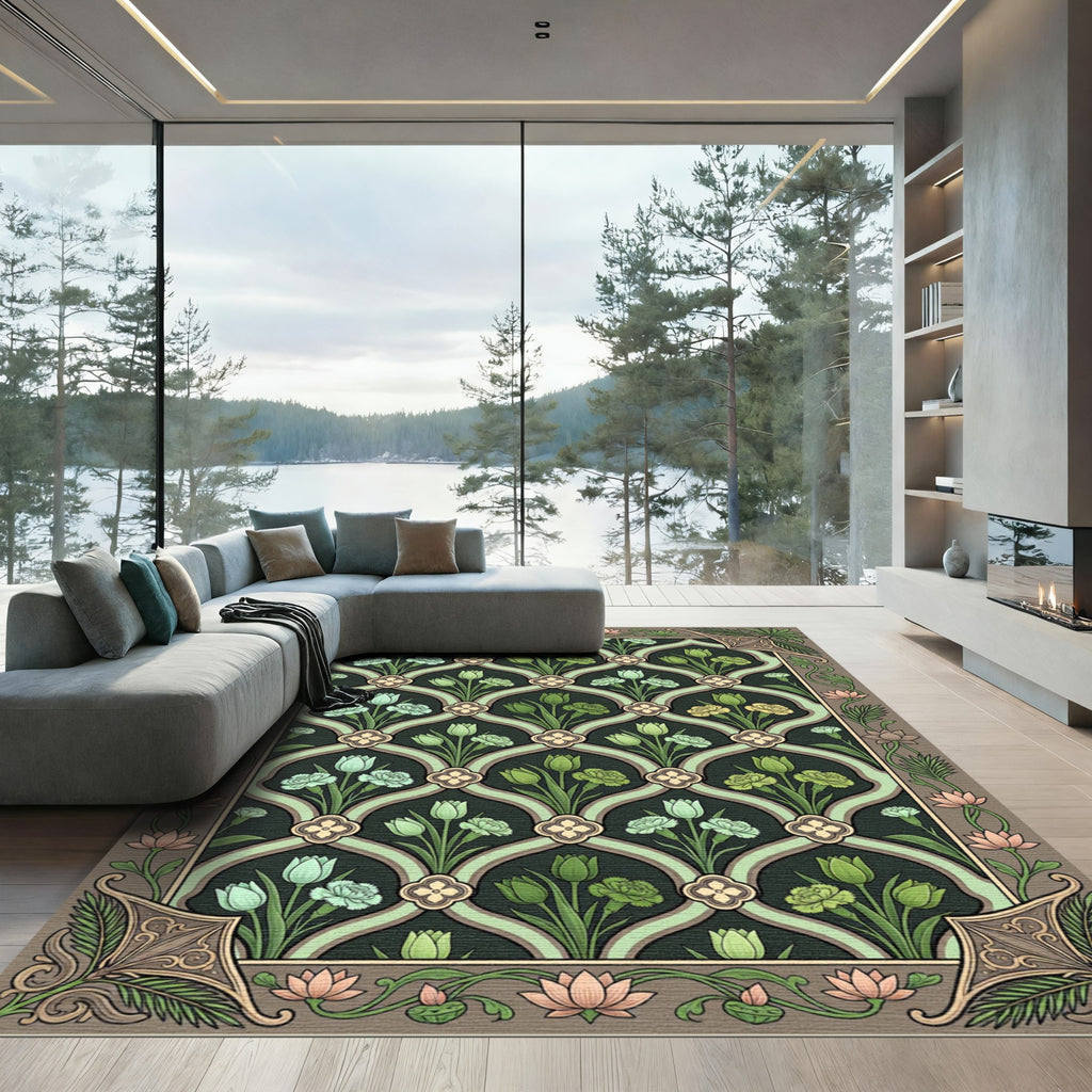 Dark Green Floral Lattice Tulips Rug