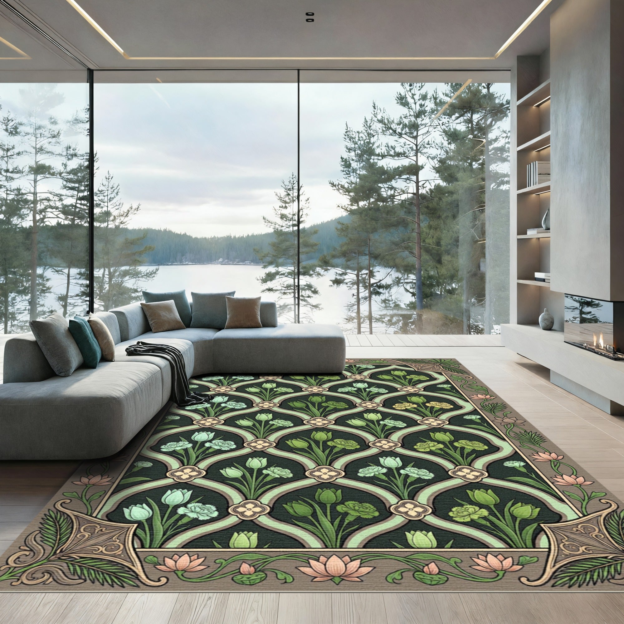 Dark Green Floral Lattice Tulips Rug