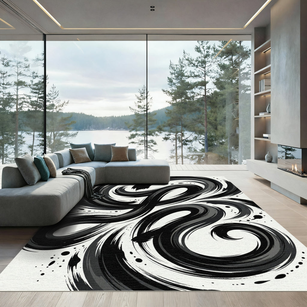 Abstract Black Ink Swirl Rug