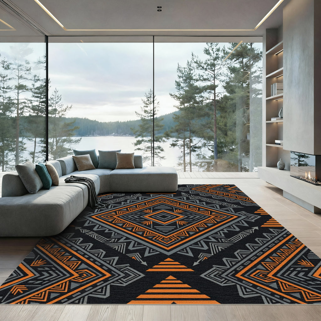 Bold Orange Gray Geometric Tribal Diamond Rug