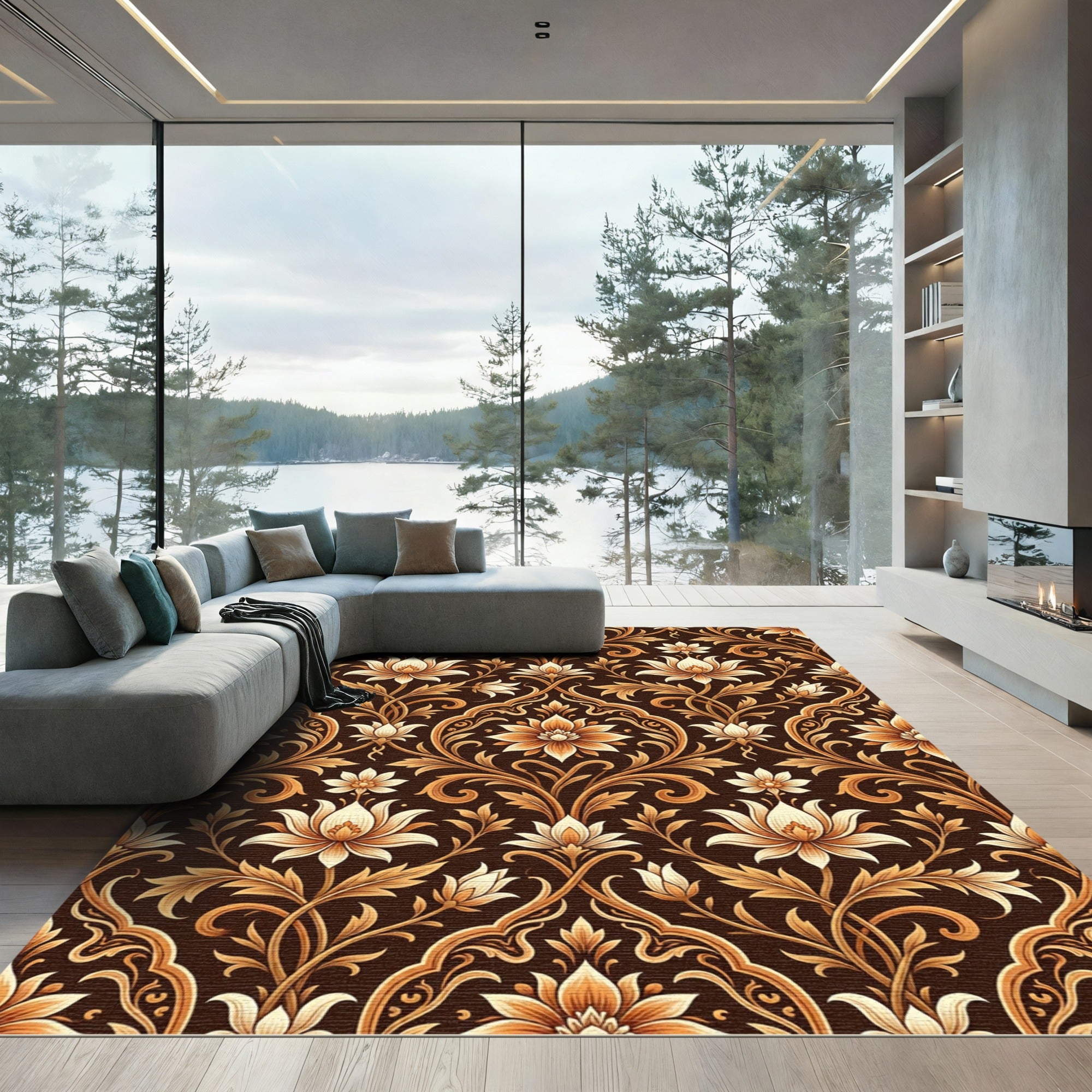 Rich Brown Golden Floral Scroll Rug