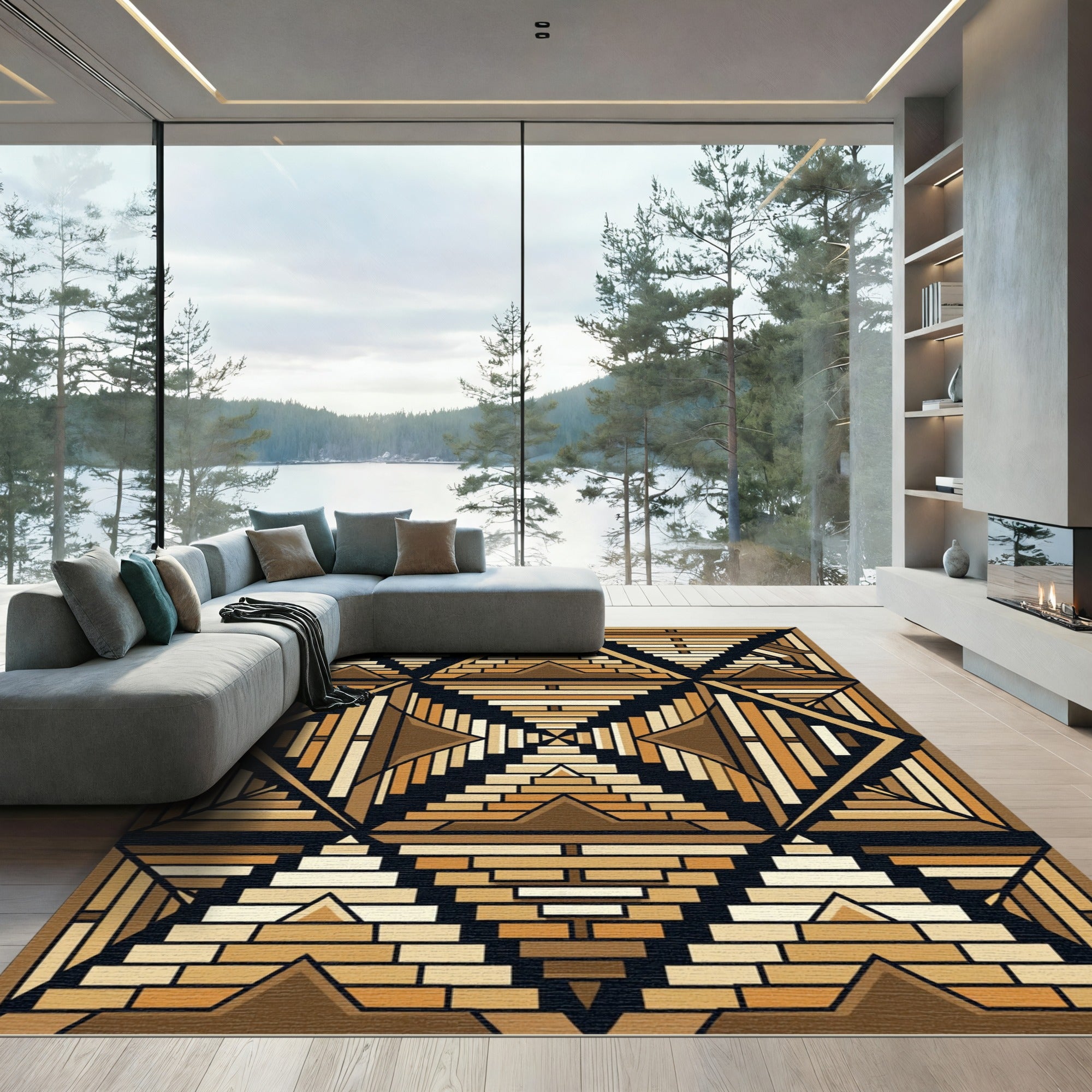 Brown Geometric Stepped Pyramid Rug