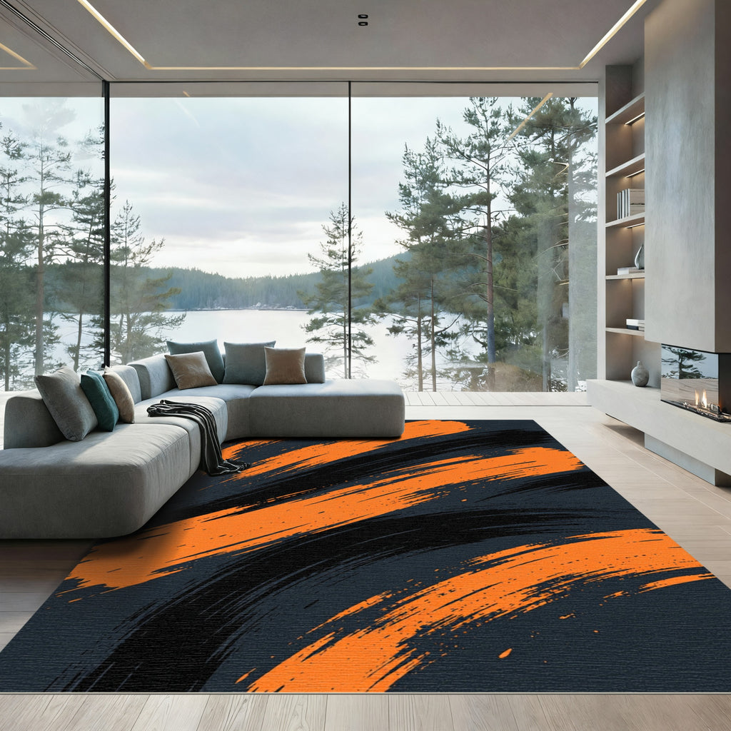 Bold Orange and Black Abstract Brushstroke Rug