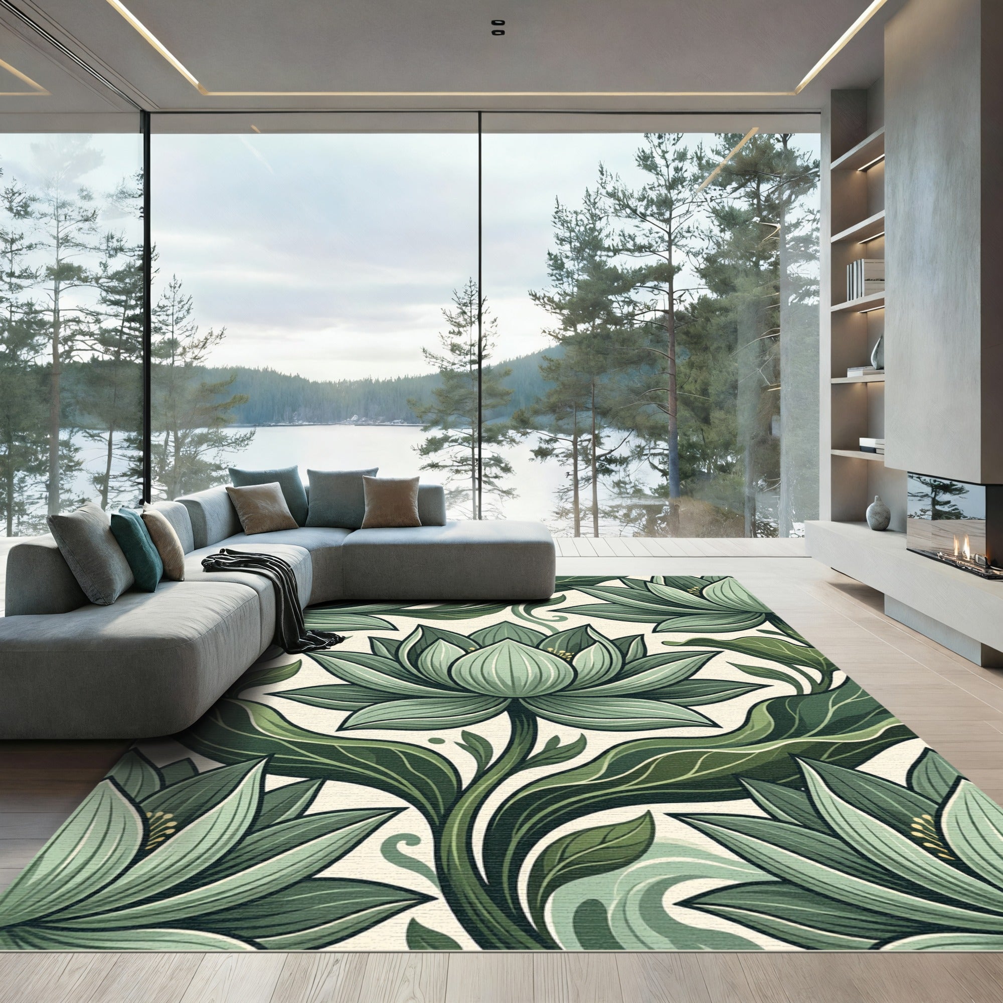 Sage Green Lotus Botanical Flourish Rug
