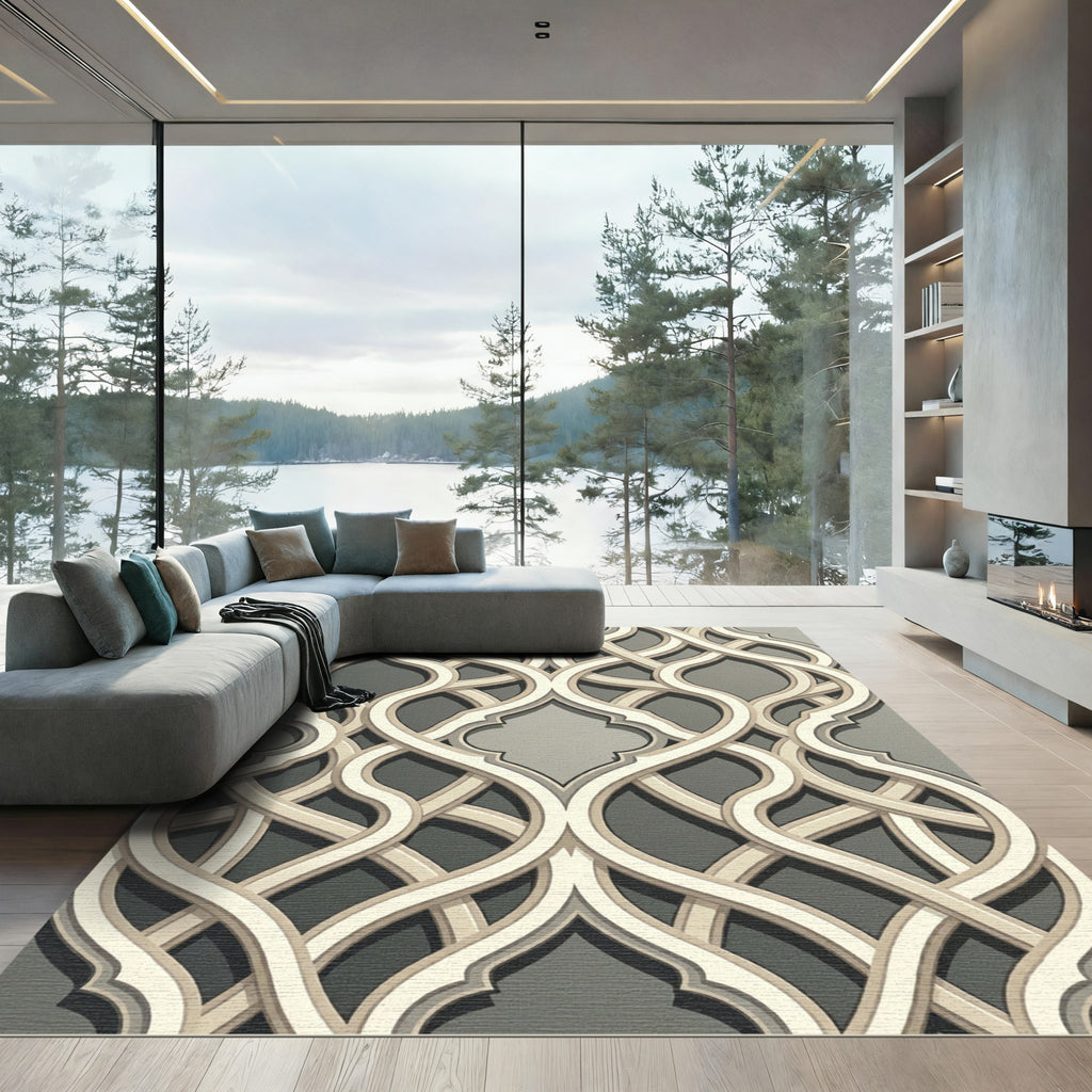 Elegant Gray Interlocking Curvilinear Lattice Rug
