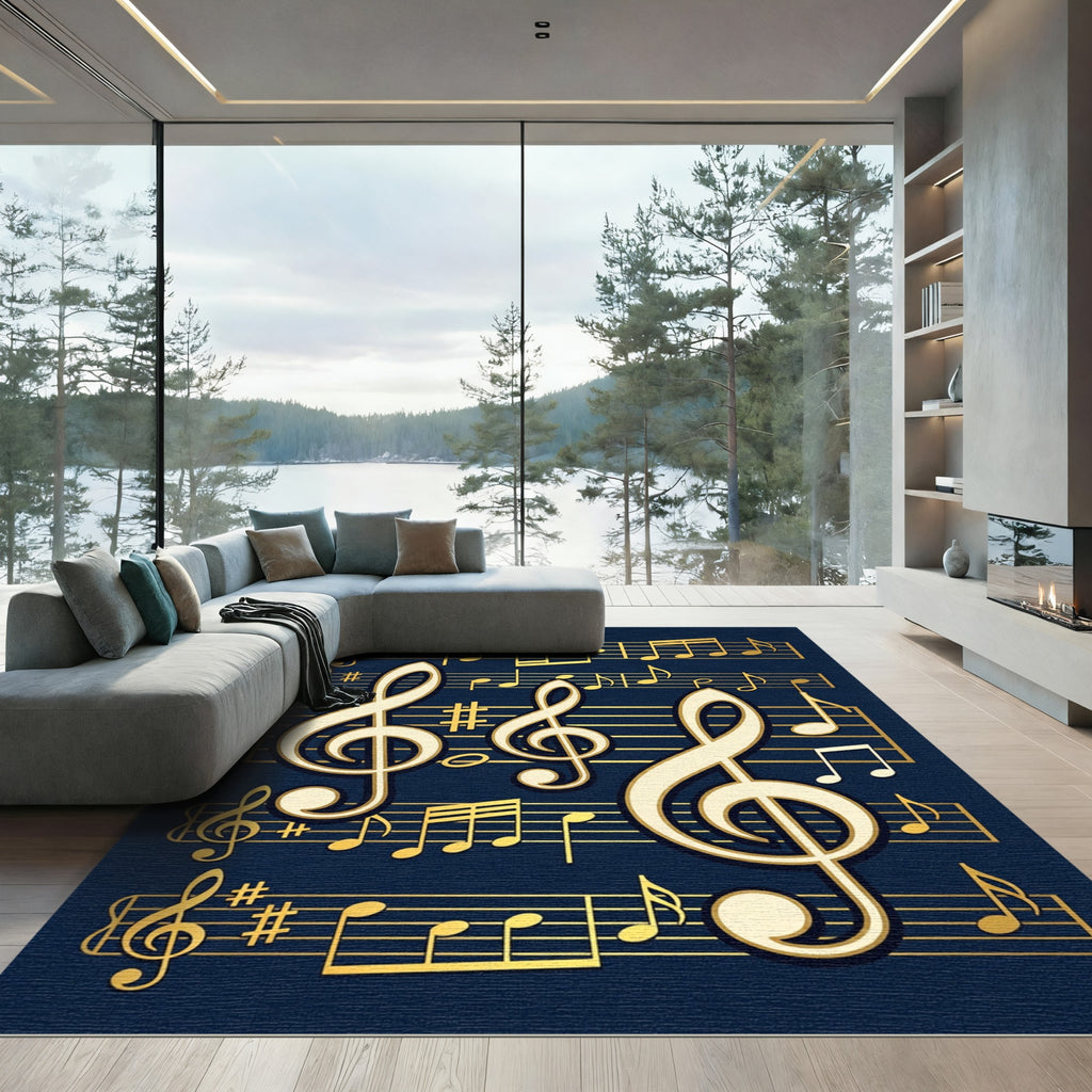 Elegant Golden Treble Clef Musical Notes Rug