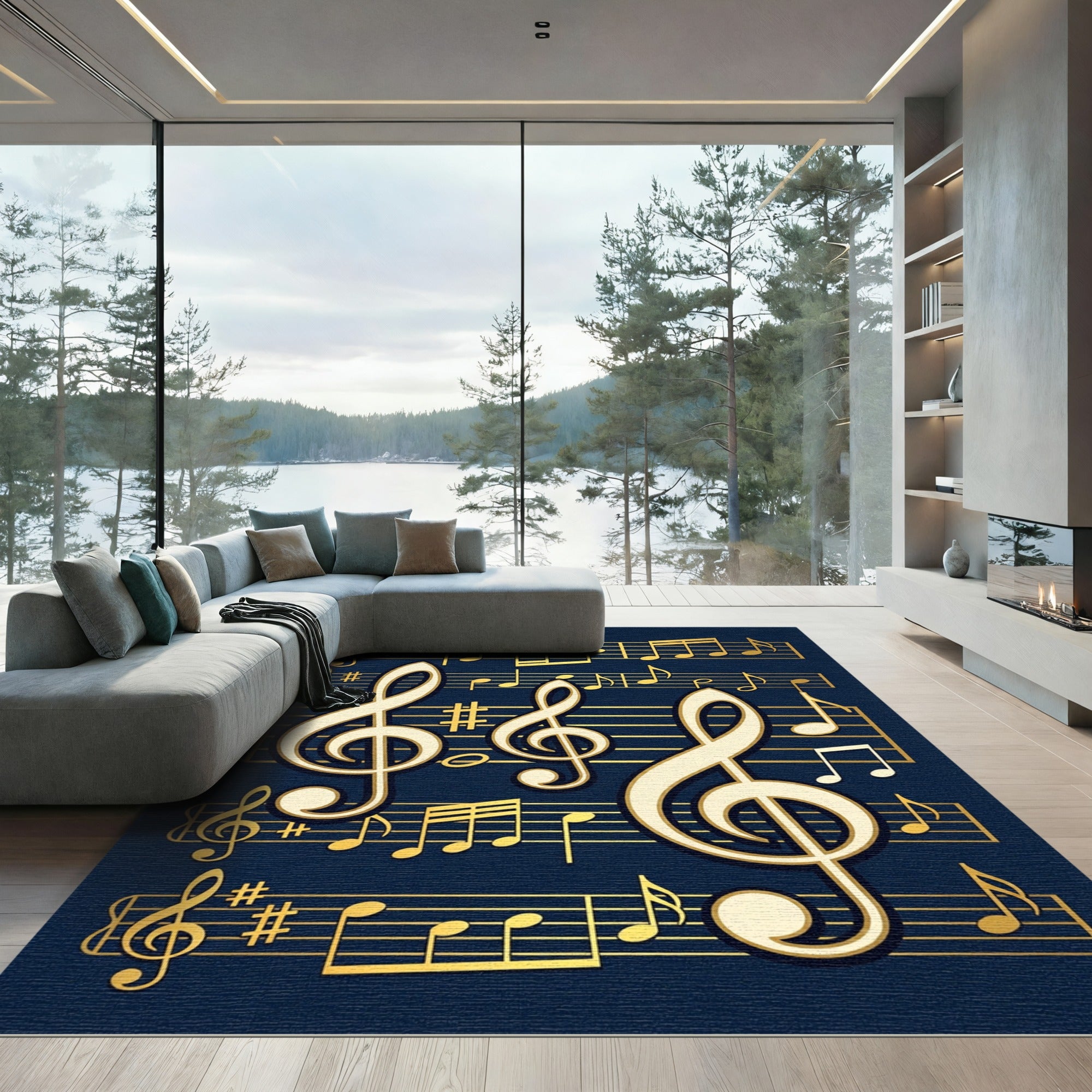 Elegant Golden Treble Clef Musical Notes Rug