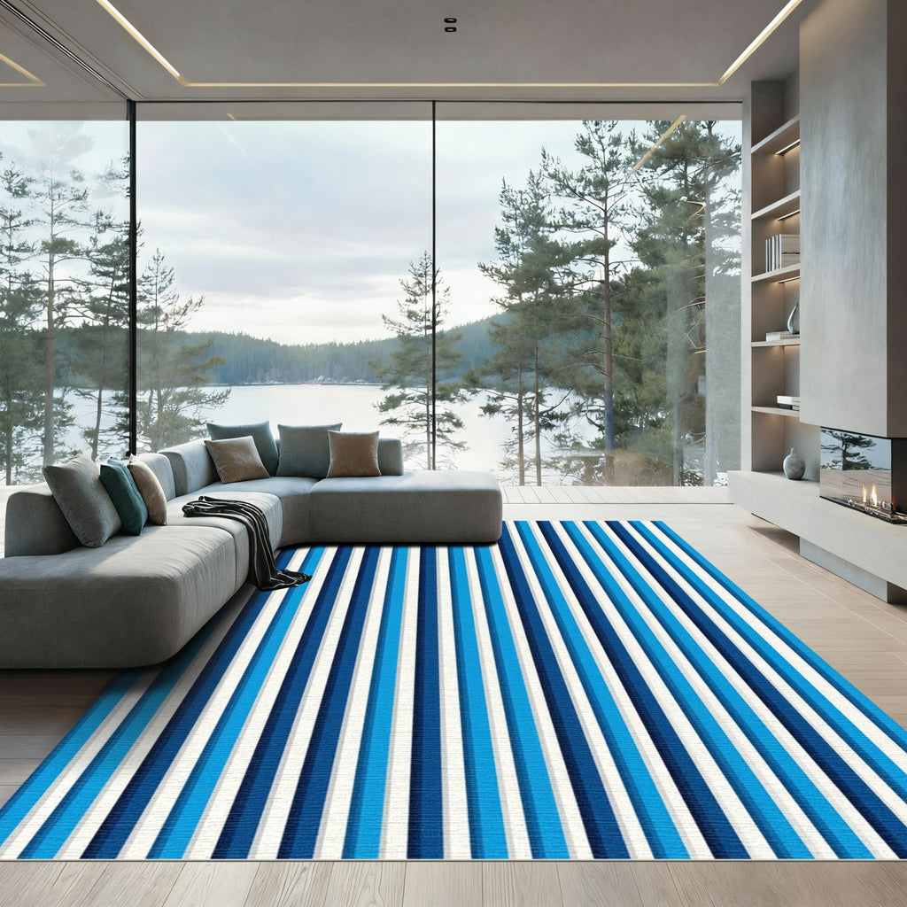 Modern Navy Blue Vertical Stripe Rug