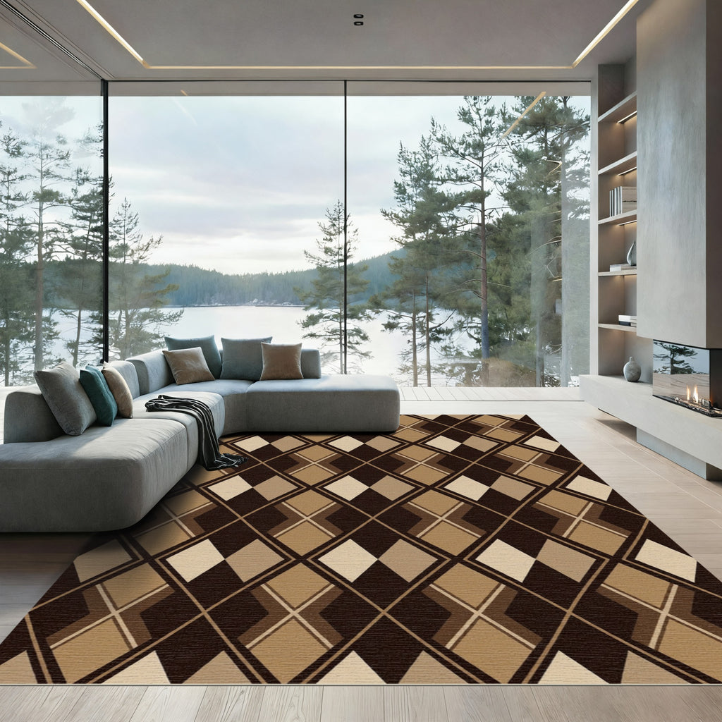 Sophisticated Brown Geometric Argyle Texture Rug