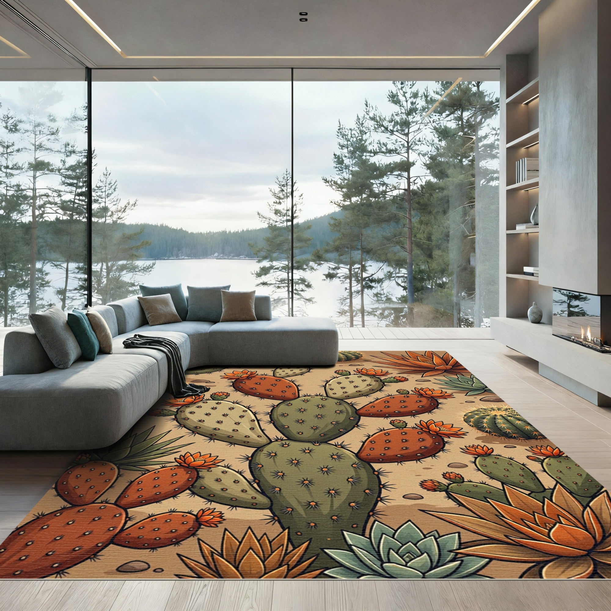Desert Cactus Orange Bloom Garden Rug