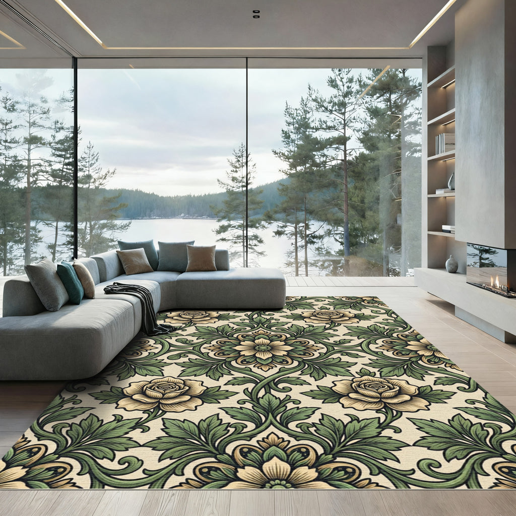 Victorian Cream and Olive Floral Damask Rug