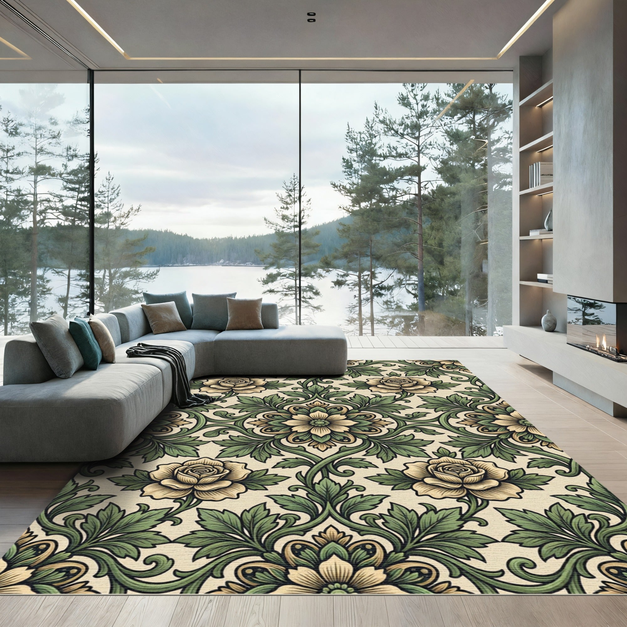 Victorian Cream and Olive Floral Damask Rug