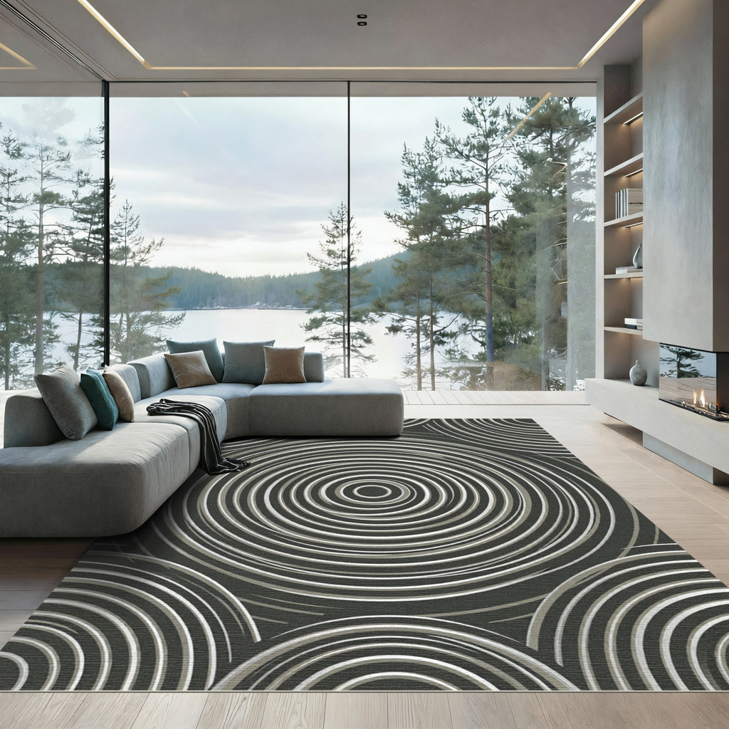 Modern Monochrome Circular Vortex Area Rug