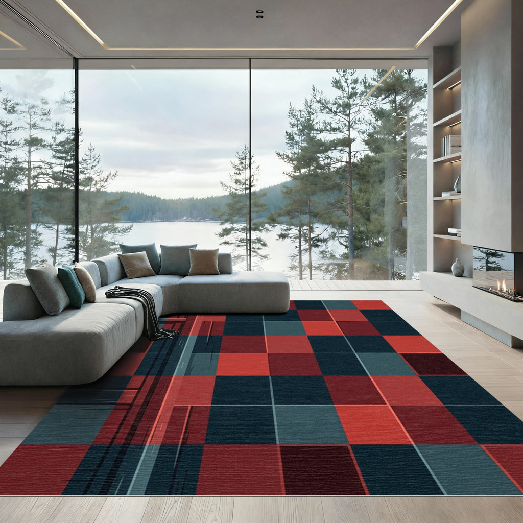 Modern Crimson and Navy Geometric Grid Rug