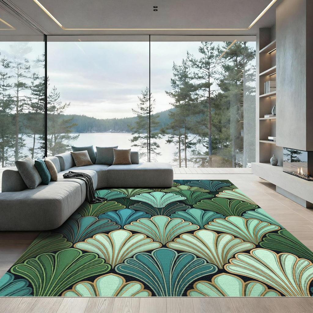 Art Deco Teal Green Fan Arrangement Rug