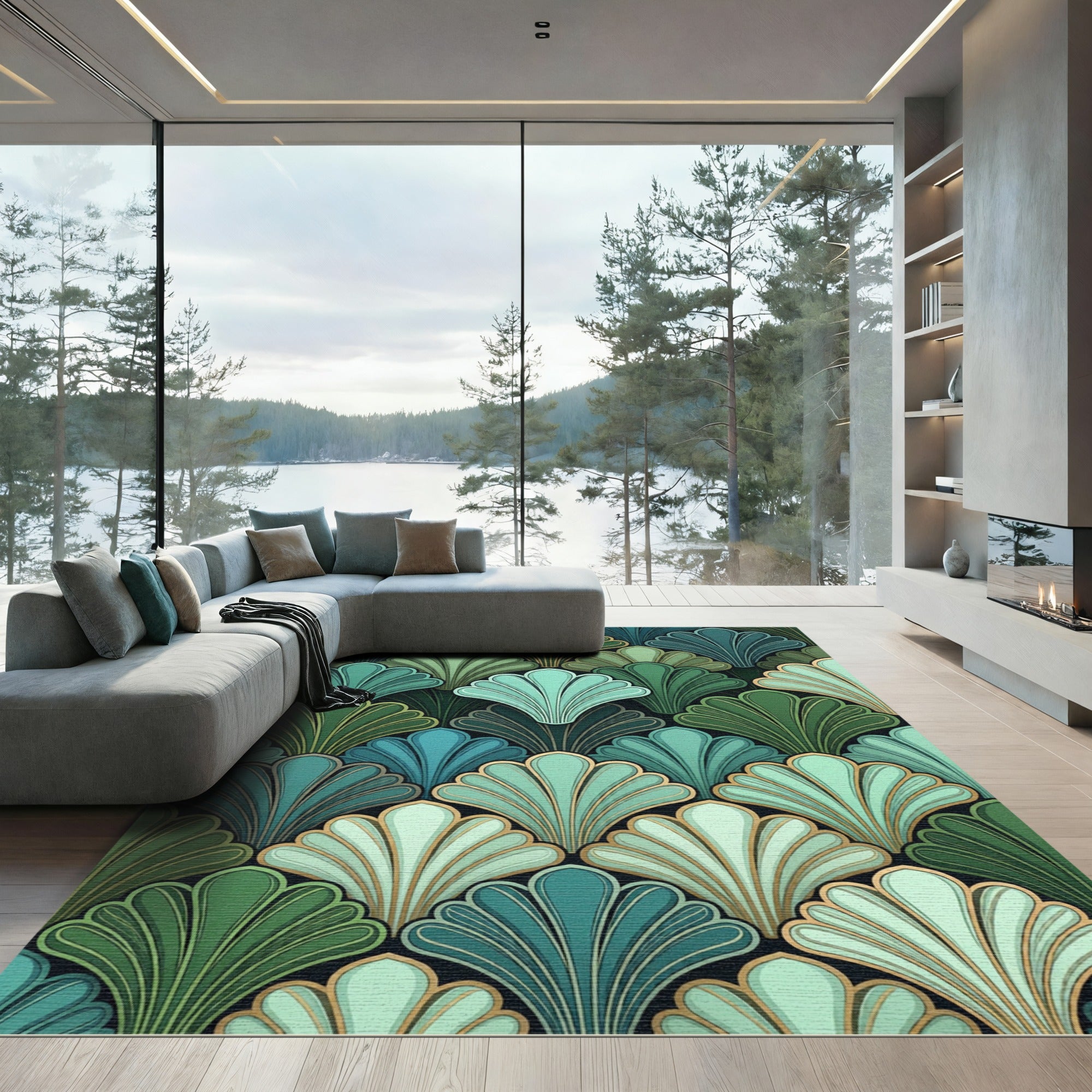 Art Deco Teal Green Fan Arrangement Rug