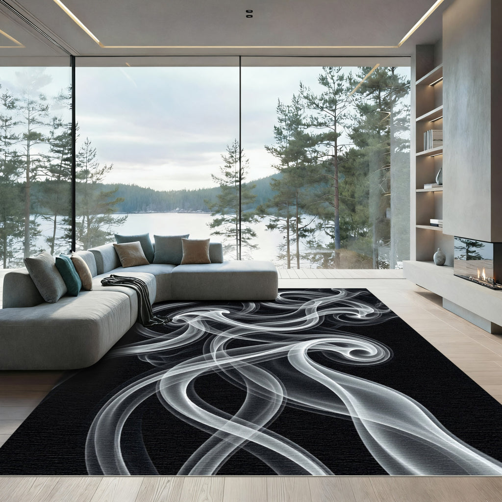 Minimalist Monochrome Abstract Smoke Swirl Rug