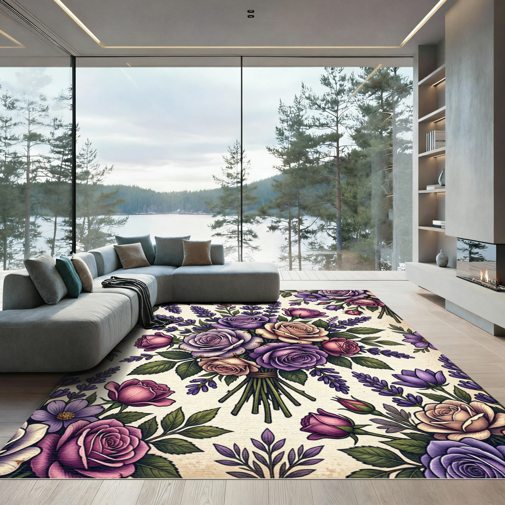 Romantic Lavender and Purple Rose Bouquet Rug