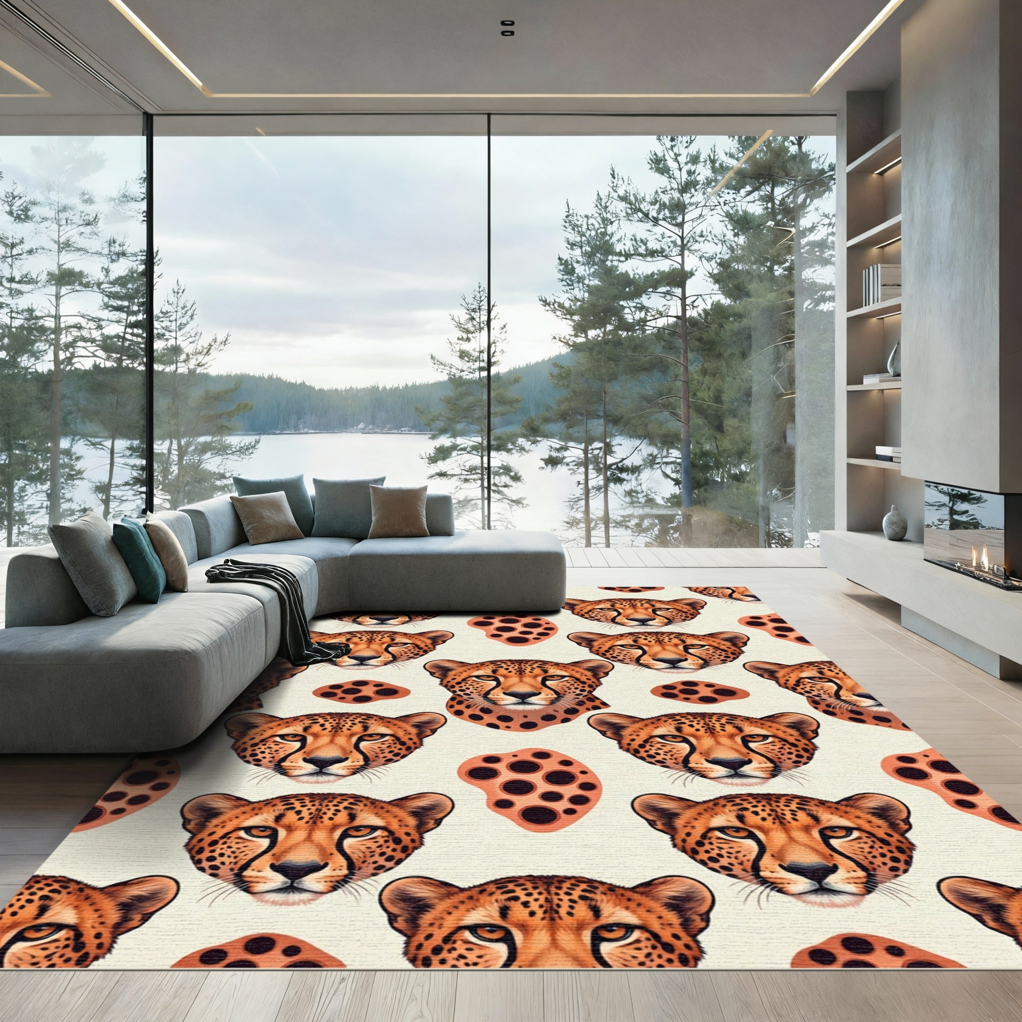 Ornate Golden Cheetah Face Silhouette Rug