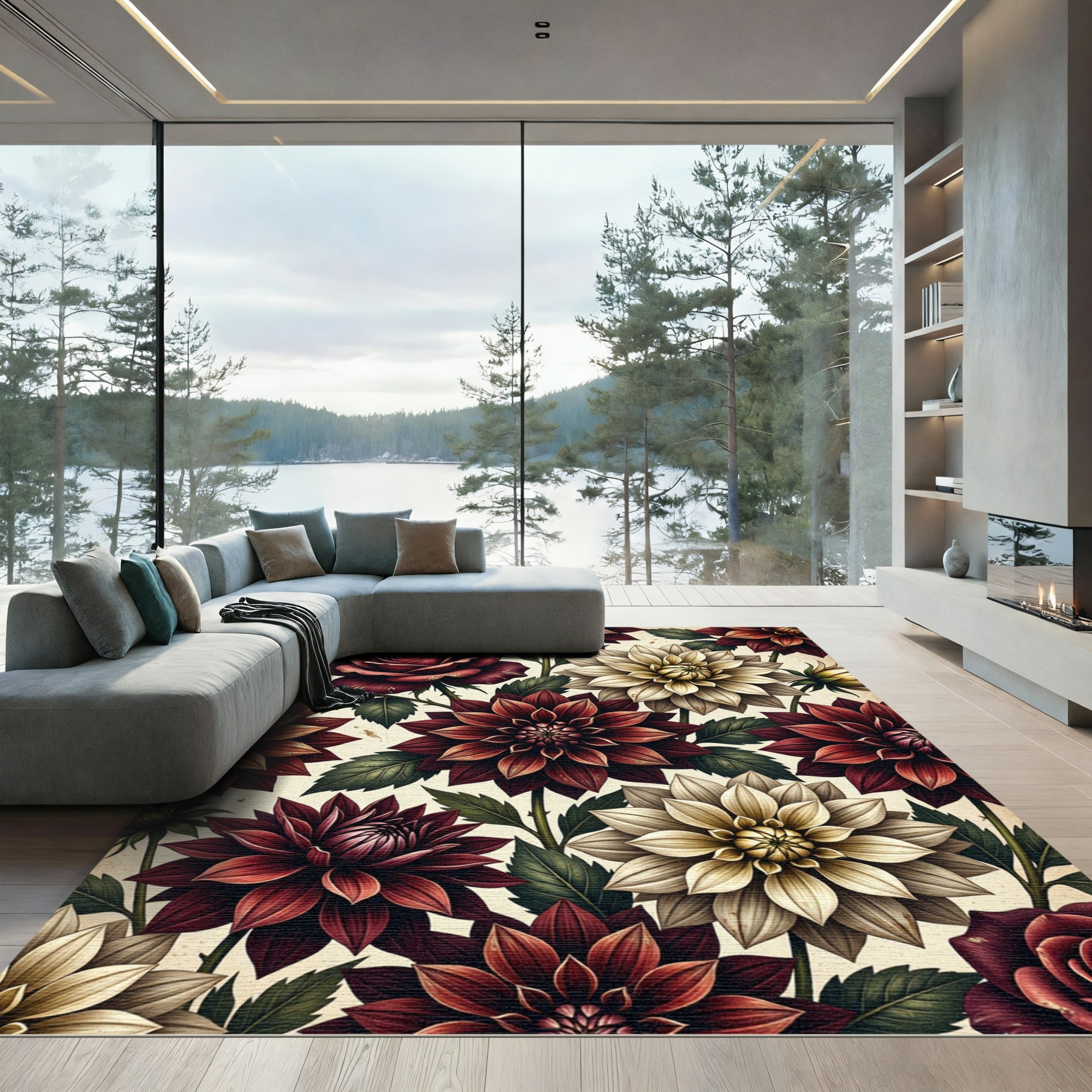 Deep Red Floral Garden Medallion Rug