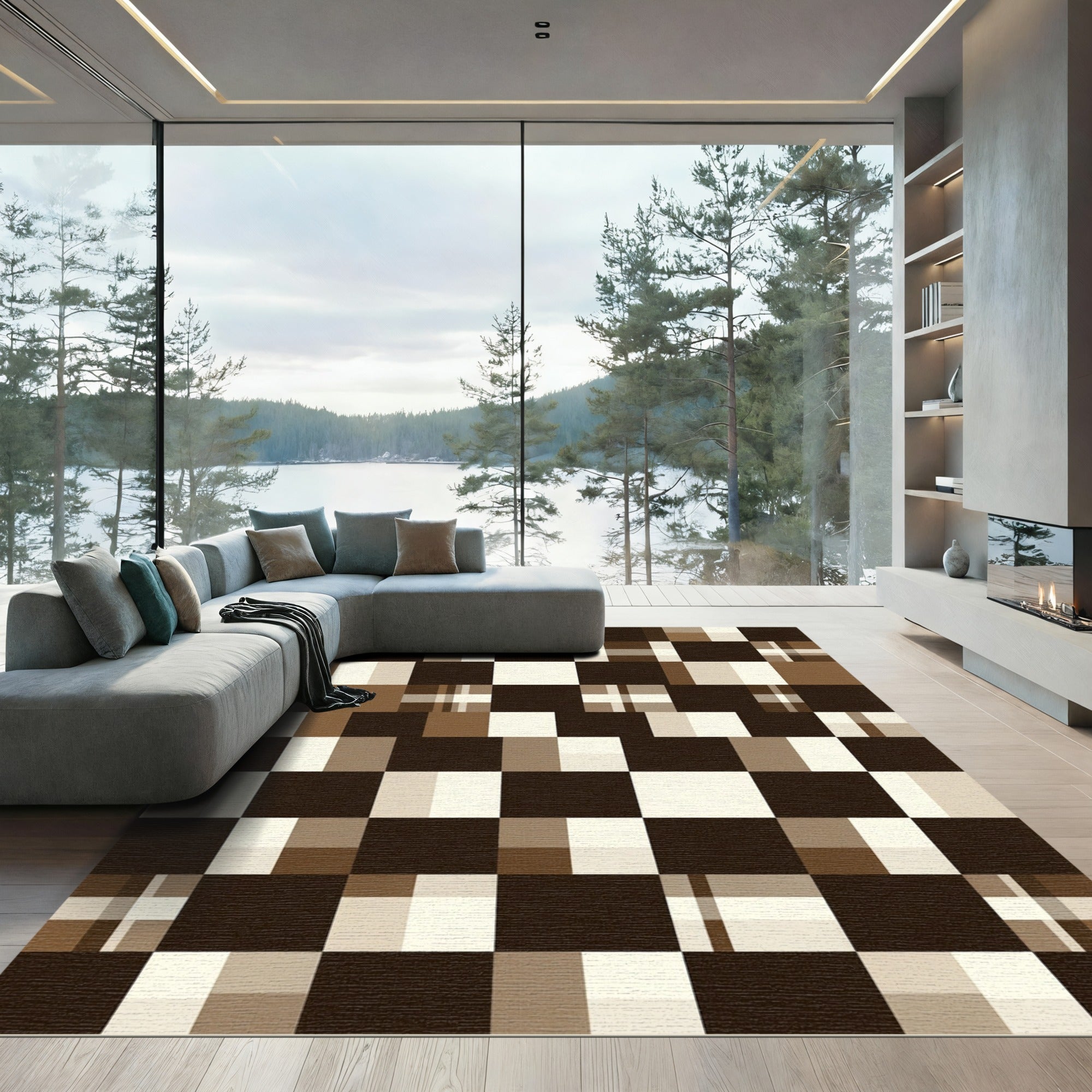 Modern Earthy Brown Geometric Block Rug