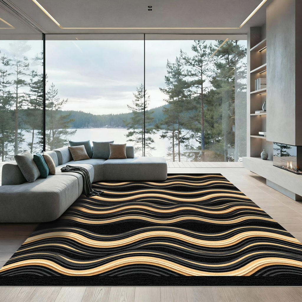 Golden Black Wavy Stripe Rug