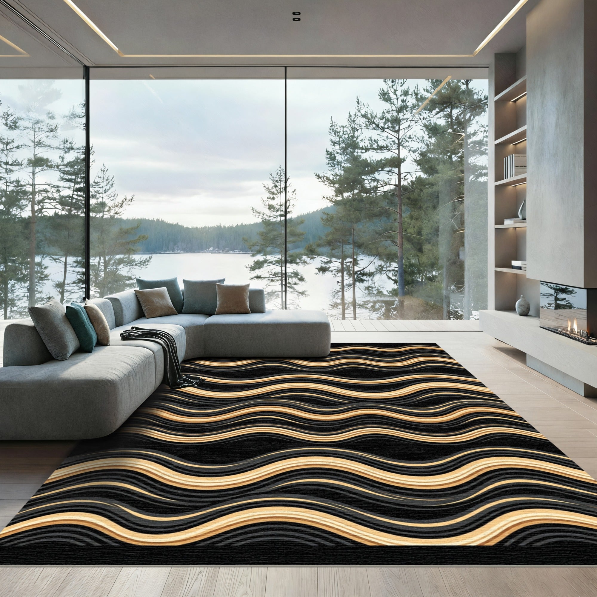 Golden Black Wavy Stripe Rug