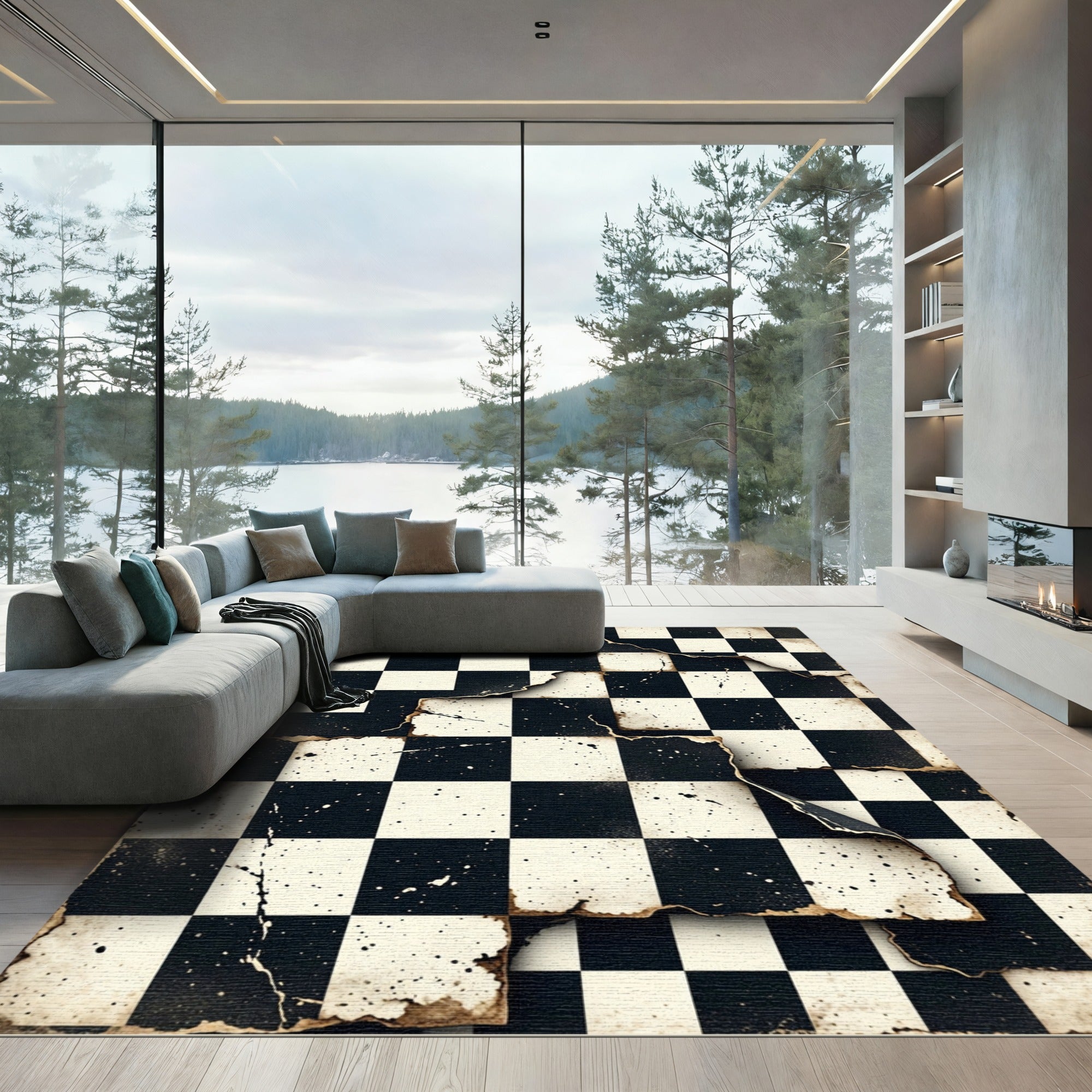 Vintage Checked Parchment Splatter Rug