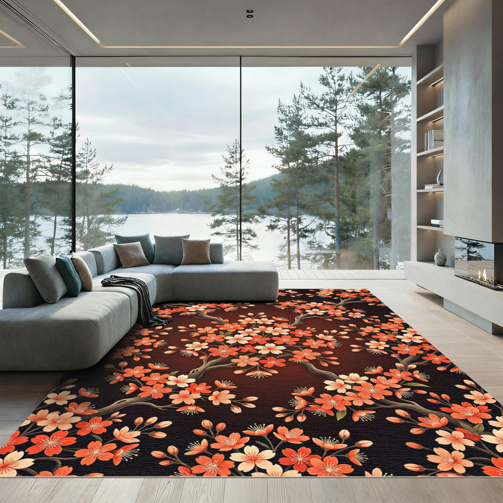 Coral Cherry Blossom Branch Arrangement Rug