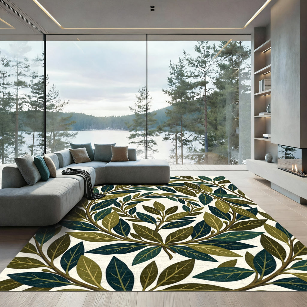 Lush Green Botanical Laurel Leaf Wreath Rug