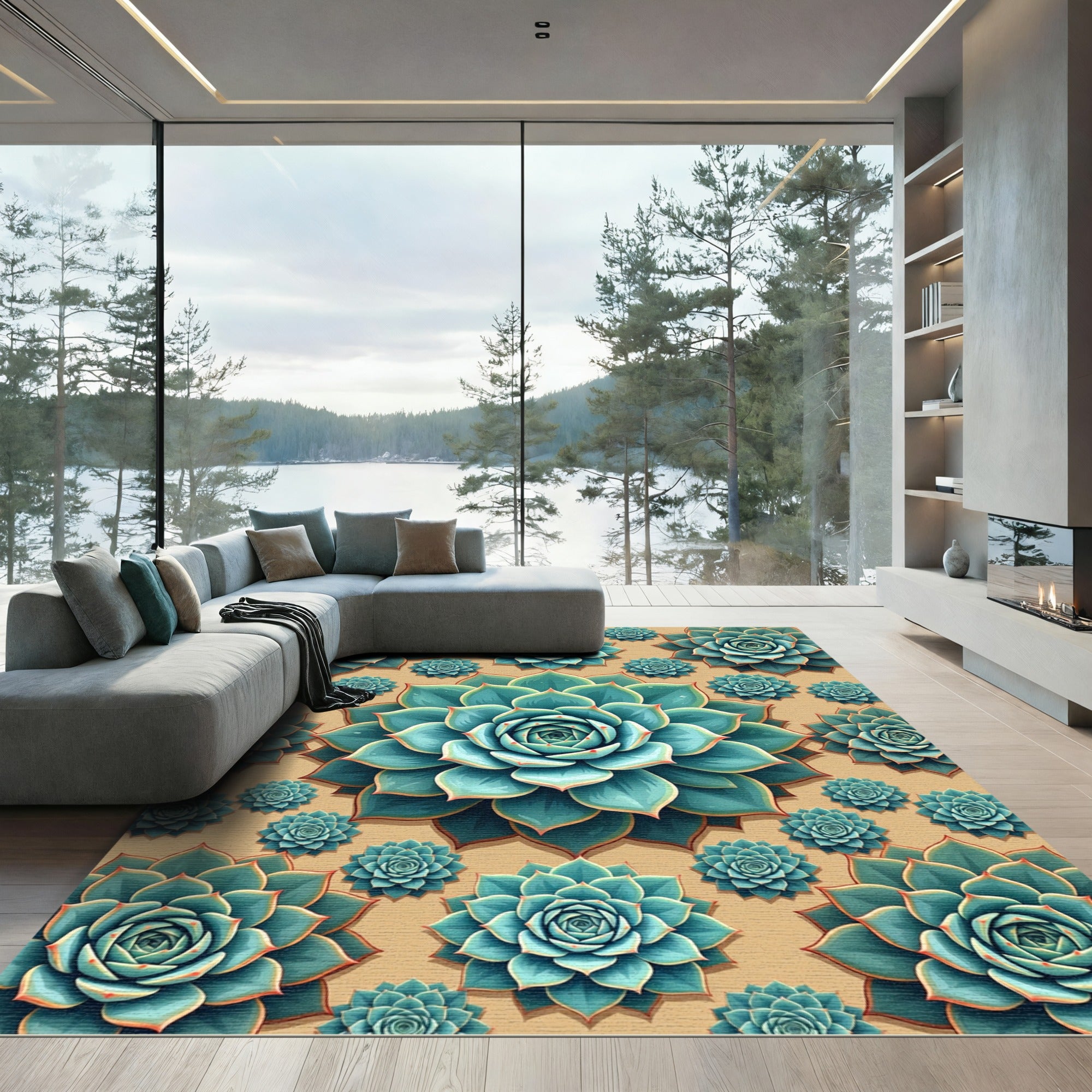 Teal Succulent Floral Arrangement Rug