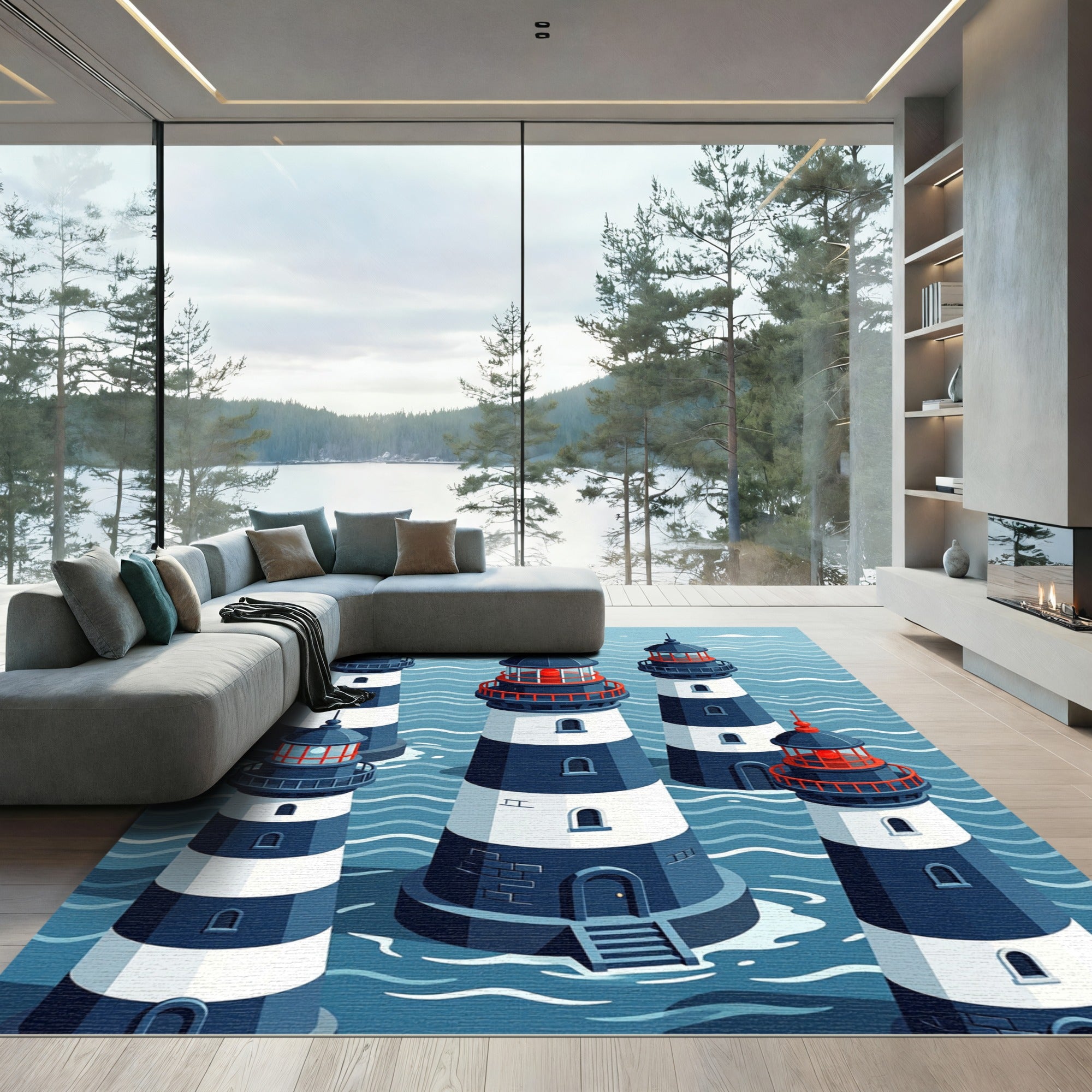 Navy White Red Lighthouse Nautical Scene Rug