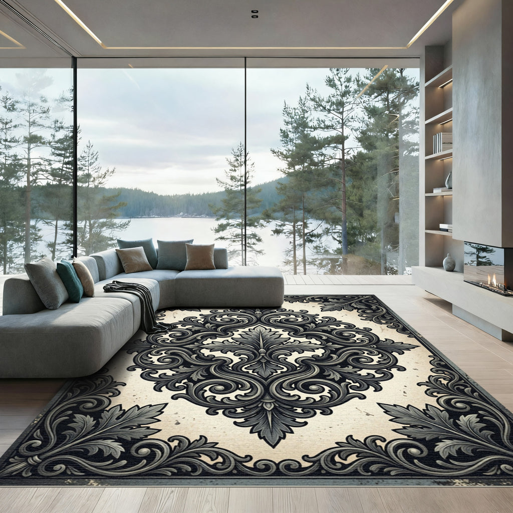 Ornate Gray Acanthus Scroll Rug